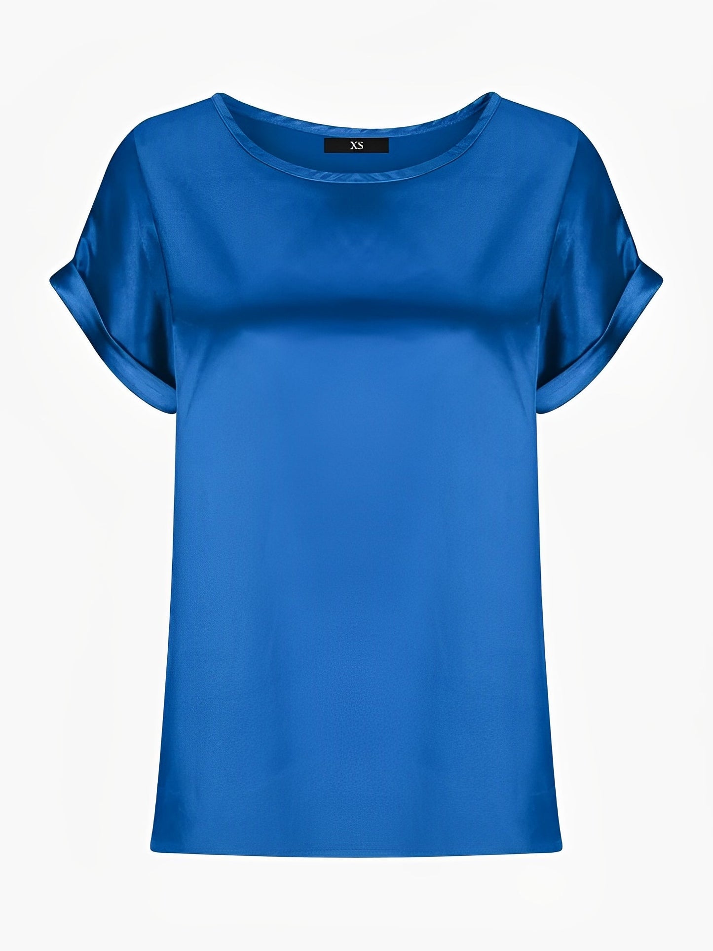 Round Neck Short Sleeves Satin Solid Color Blouse