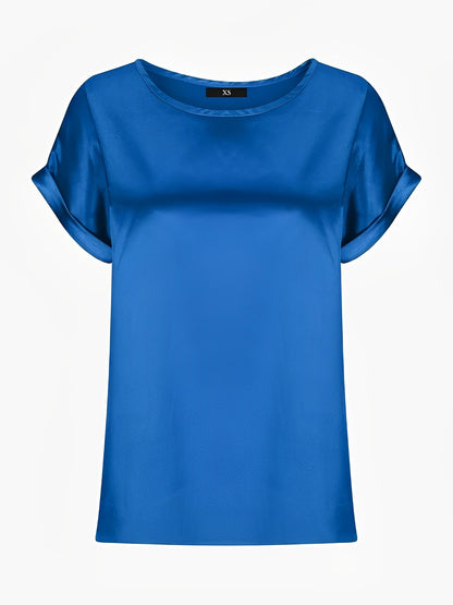 Round Neck Short Sleeves Satin Solid Color Blouse