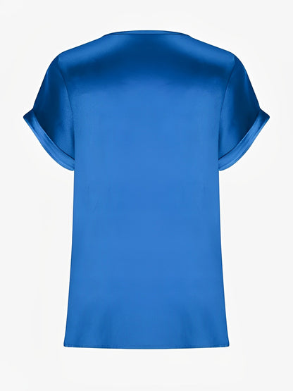 Round Neck Short Sleeves Satin Solid Color Blouse