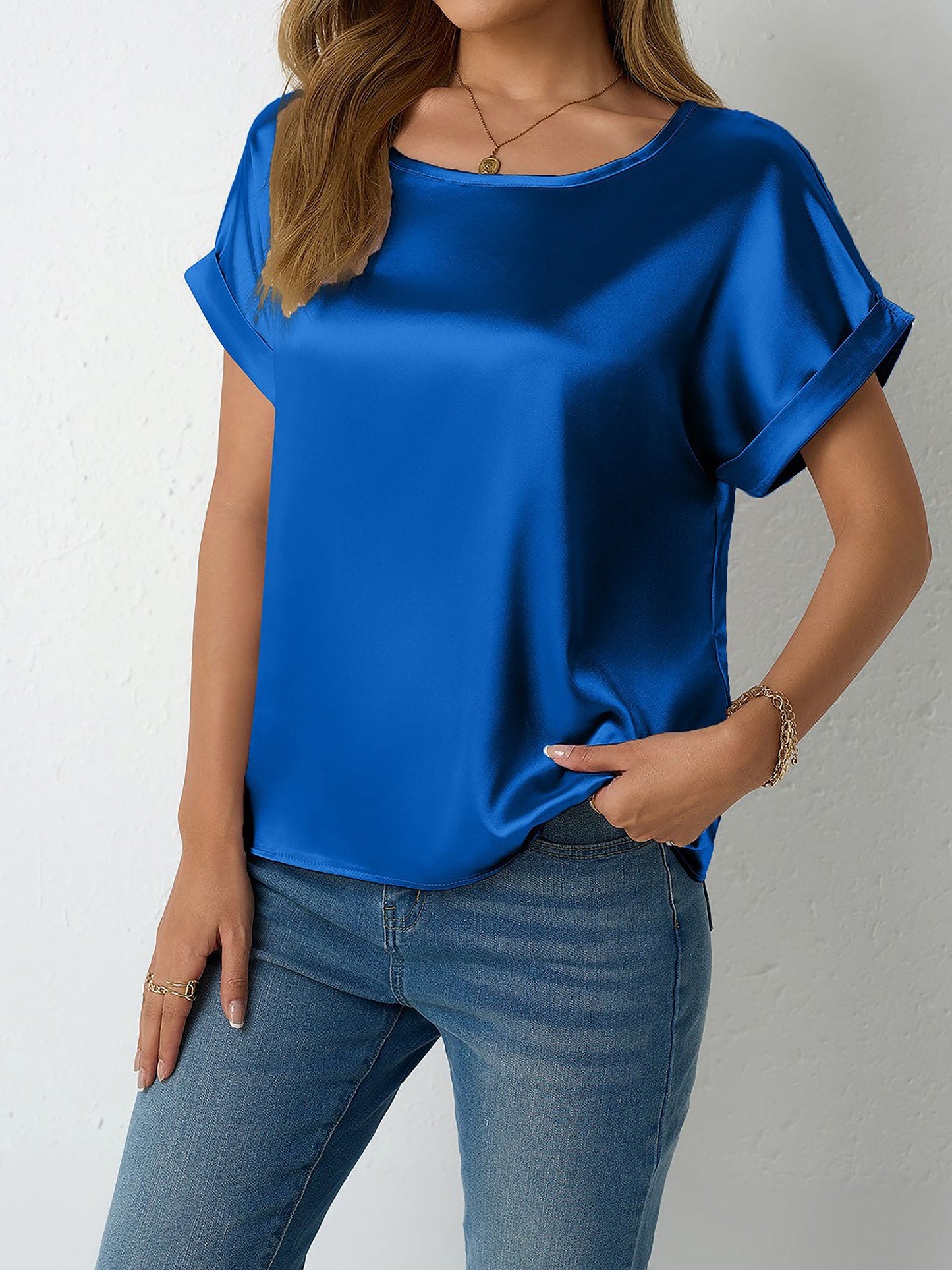 Round Neck Short Sleeves Satin Solid Color Blouse