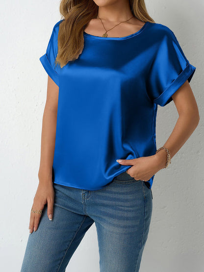 Round Neck Short Sleeves Satin Solid Color Blouse