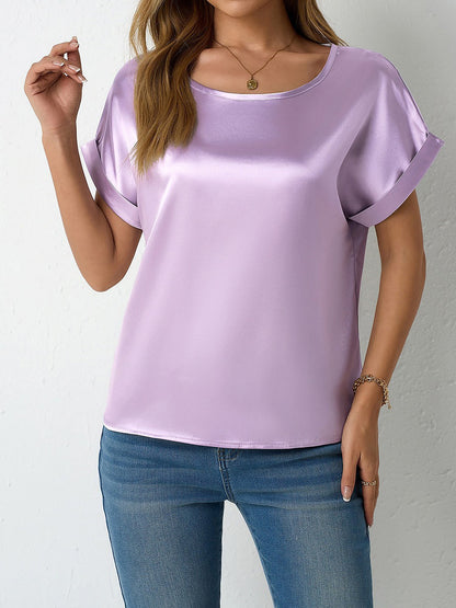 Round Neck Short Sleeves Satin Solid Color Blouse