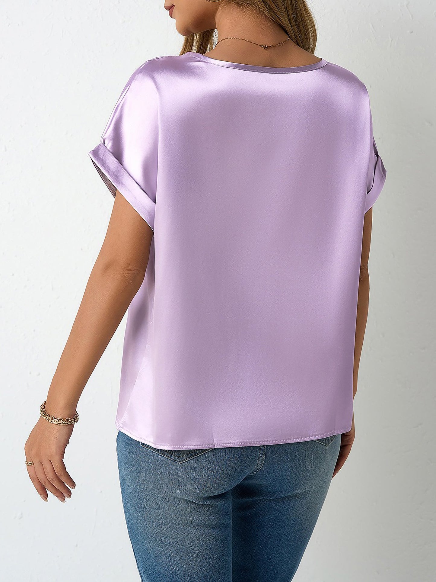 Round Neck Short Sleeves Satin Solid Color Blouse