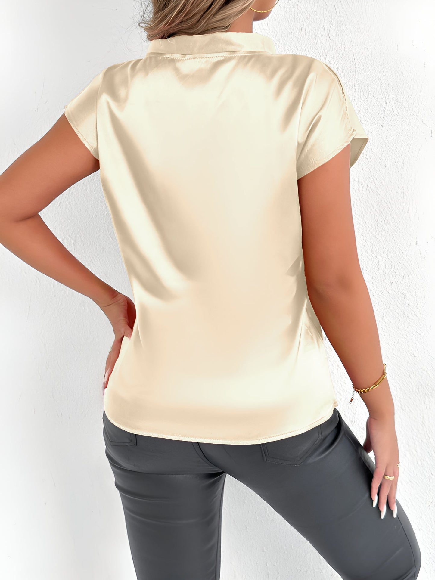 Satin Tie Neck Cap Sleeves Solid Color Blouse