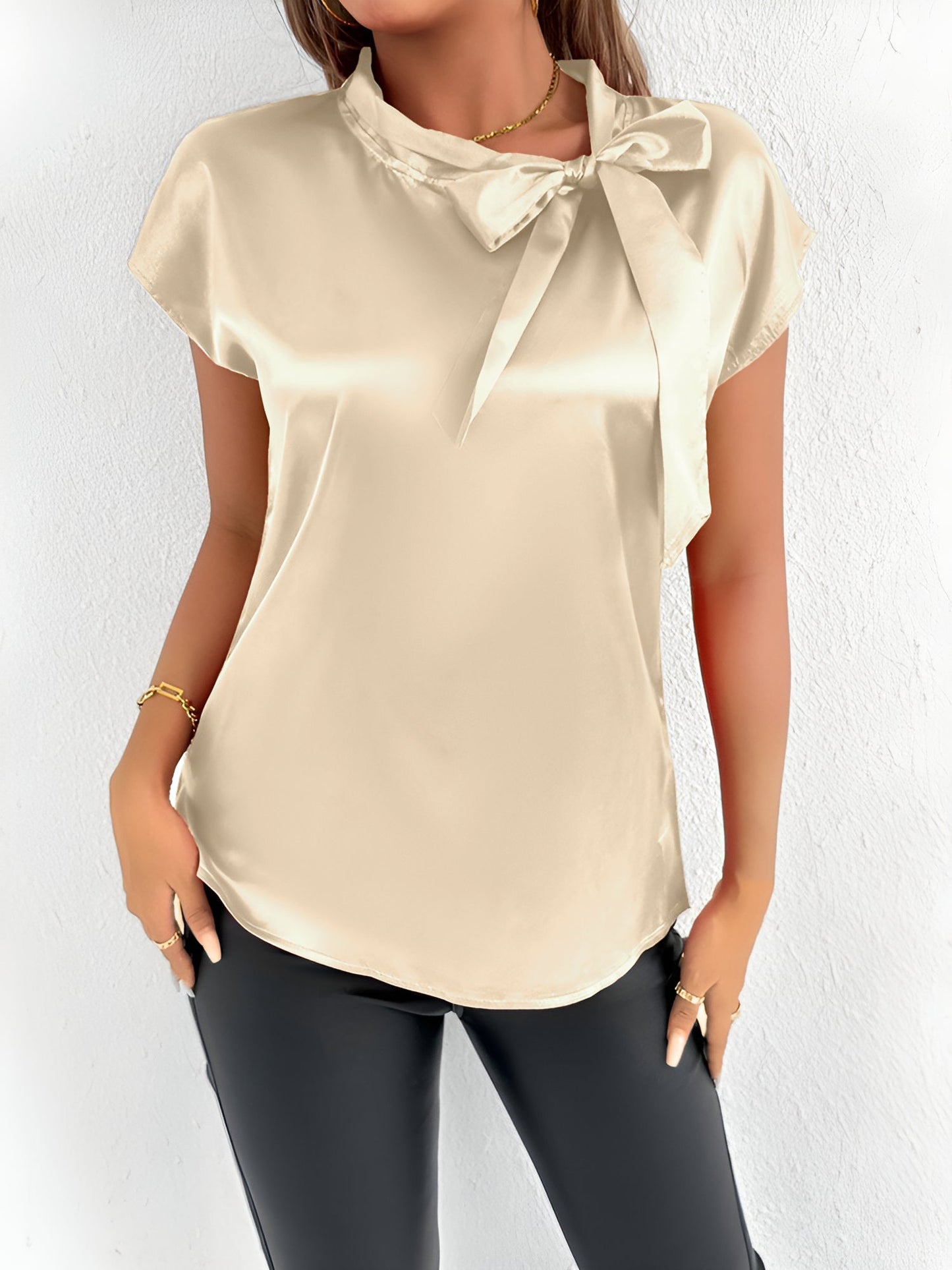 Satin Tie Neck Cap Sleeves Solid Color Blouse