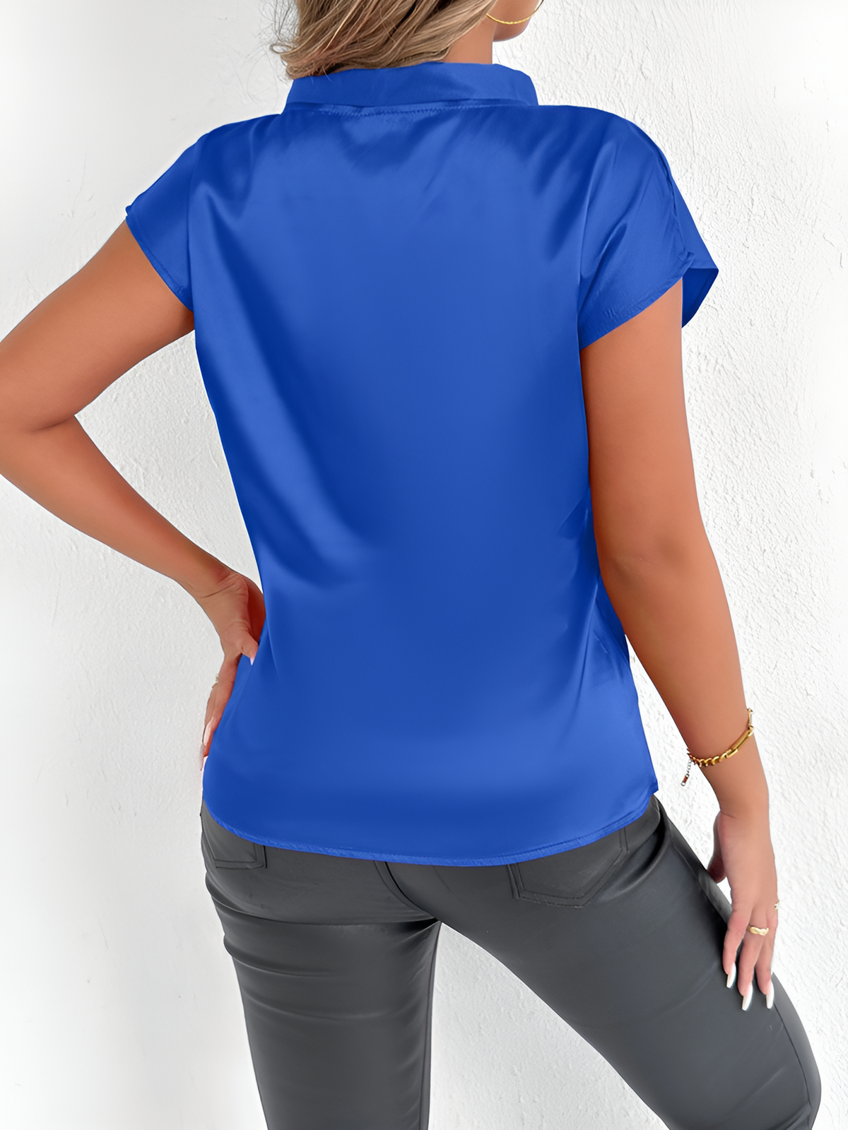Satin Tie Neck Cap Sleeves Solid Color Blouse