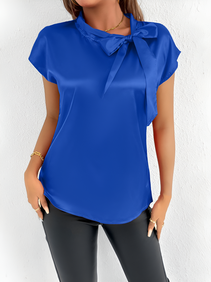 Satin Tie Neck Cap Sleeves Solid Color Blouse