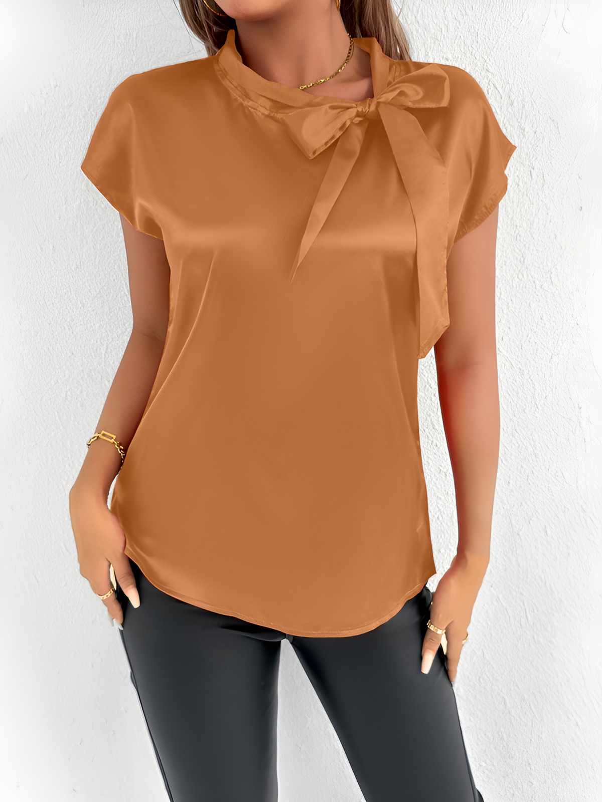 Satin Tie Neck Cap Sleeves Solid Color Blouse