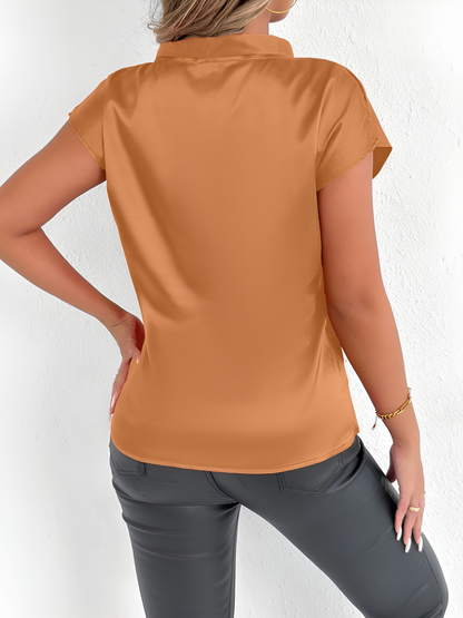 Satin Tie Neck Cap Sleeves Solid Color Blouse