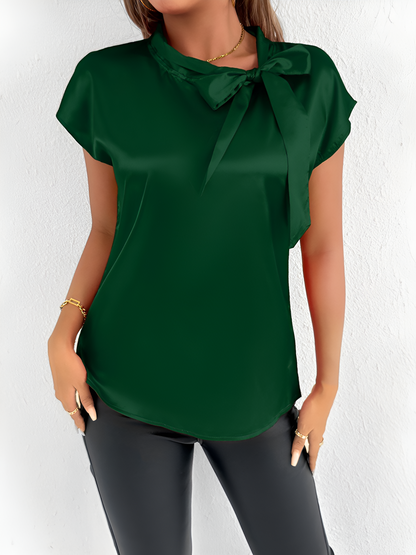 Satin Tie Neck Cap Sleeves Solid Color Blouse