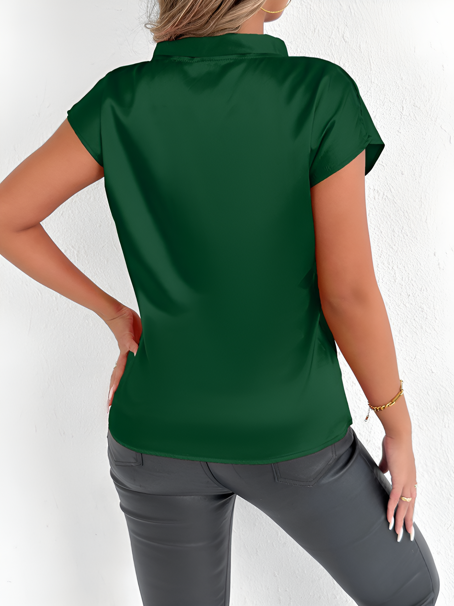 Satin Tie Neck Cap Sleeves Solid Color Blouse