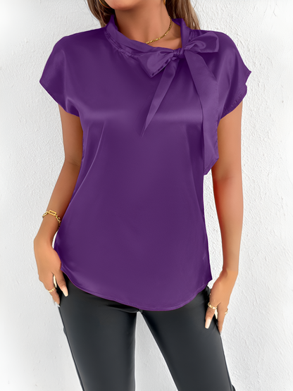 Satin Tie Neck Cap Sleeves Solid Color Blouse
