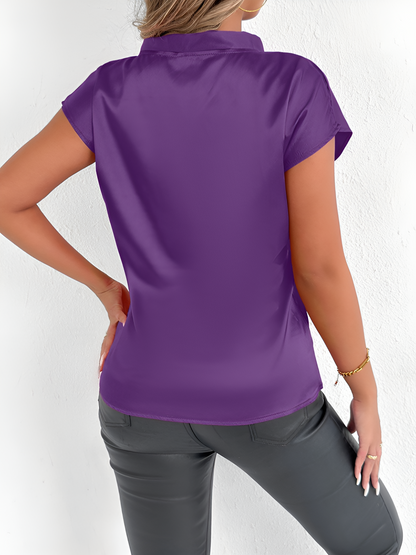 Satin Tie Neck Cap Sleeves Solid Color Blouse