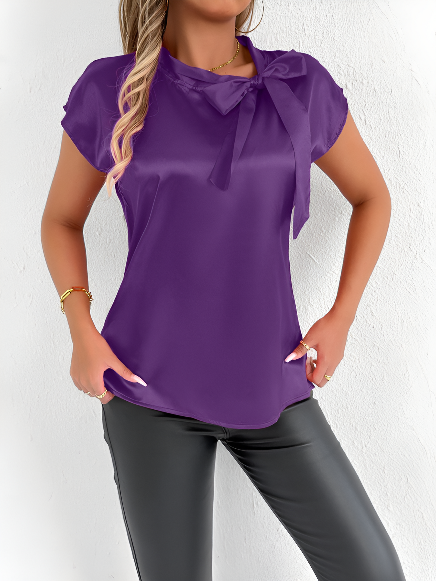 Satin Tie Neck Cap Sleeves Solid Color Blouse