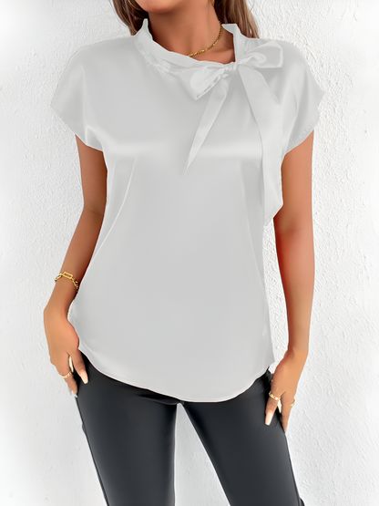 Satin Tie Neck Cap Sleeves Solid Color Blouse