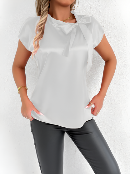 Satin Tie Neck Cap Sleeves Solid Color Blouse