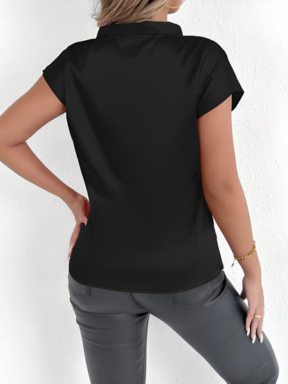 Satin Tie Neck Cap Sleeves Solid Color Blouse