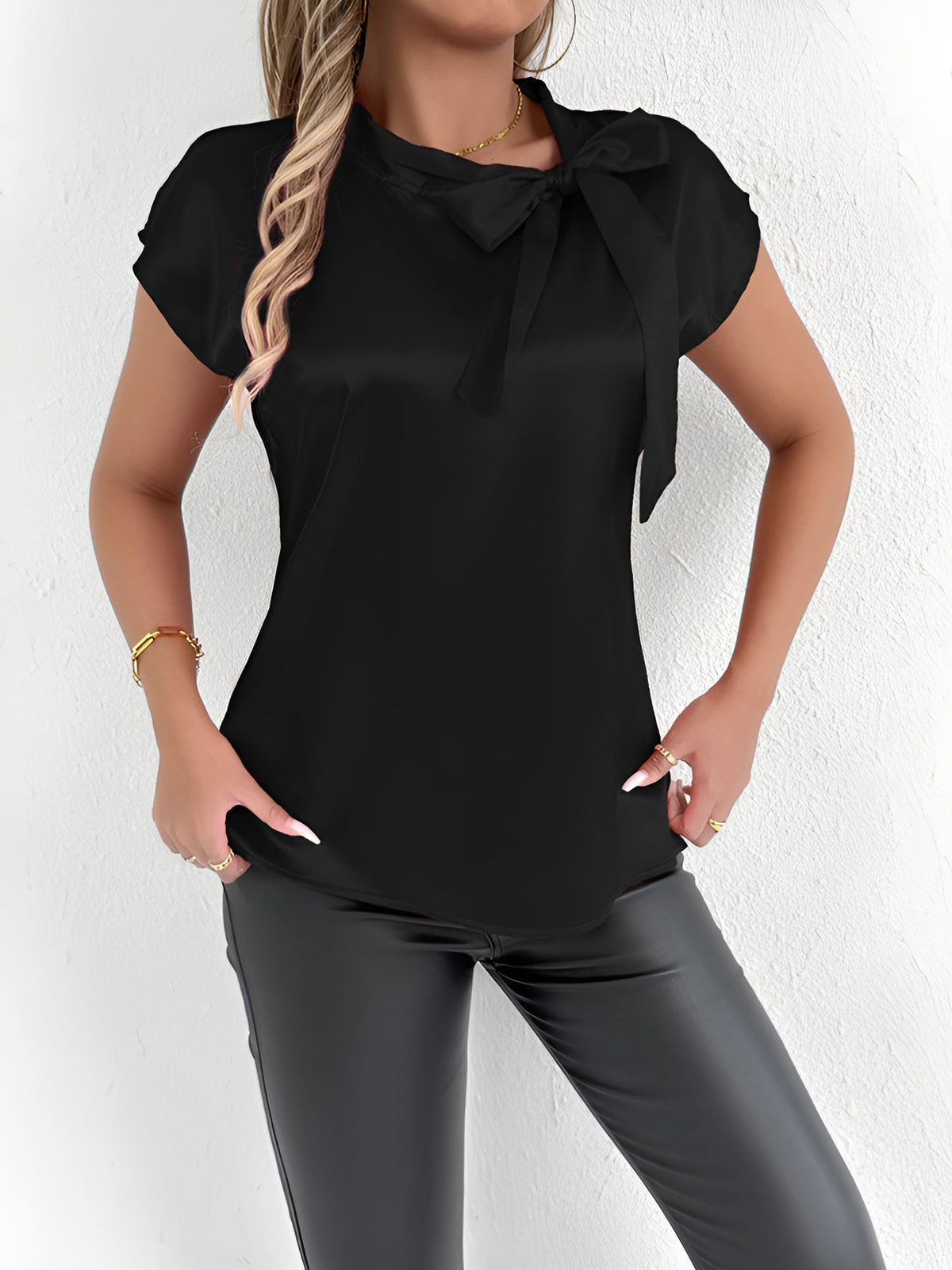 Satin Tie Neck Cap Sleeves Solid Color Blouse