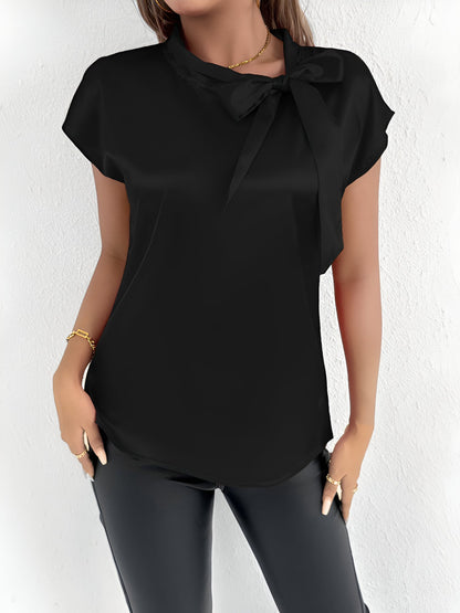 Satin Tie Neck Cap Sleeves Solid Color Blouse