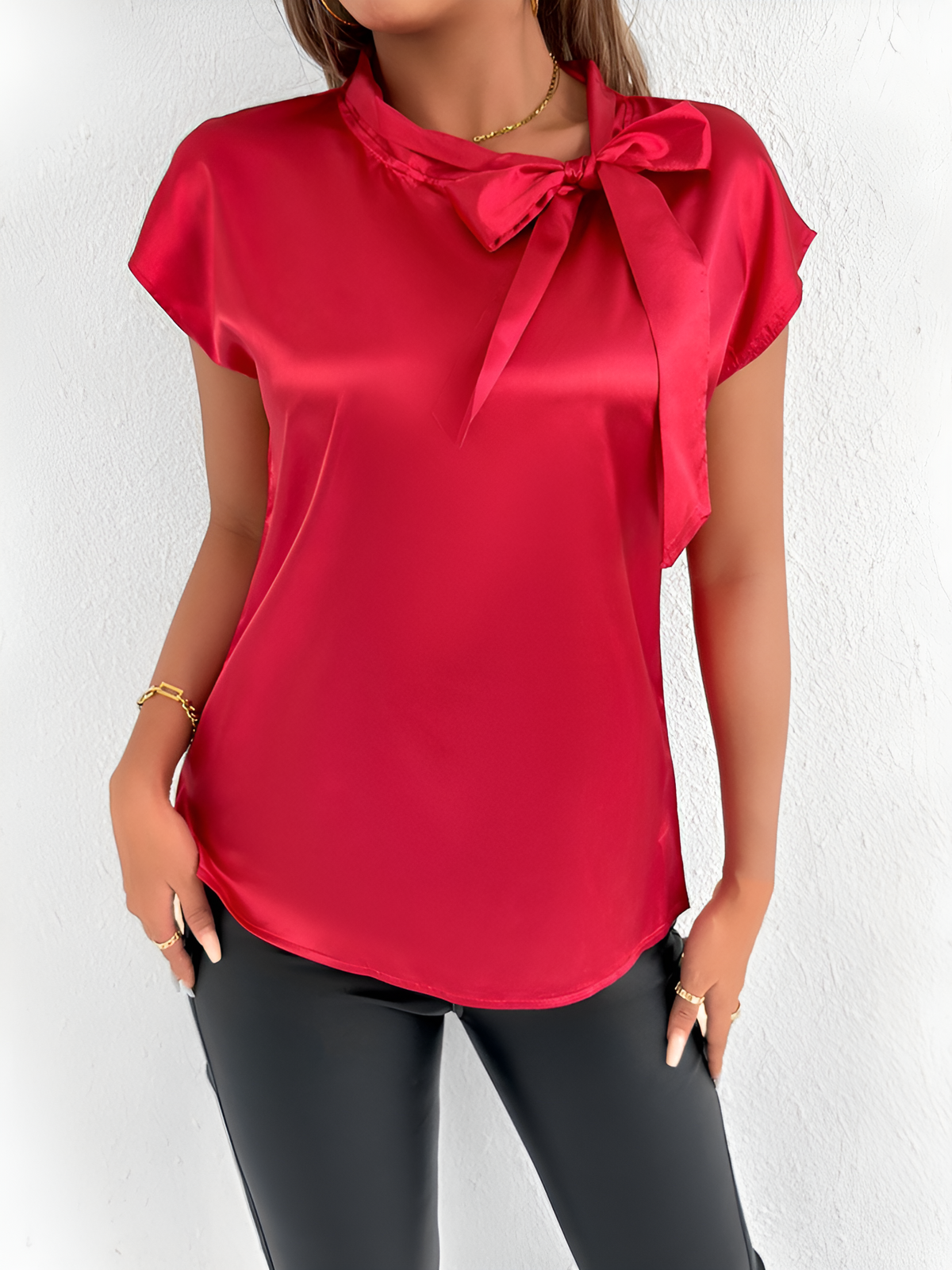 Satin Tie Neck Cap Sleeves Solid Color Blouse