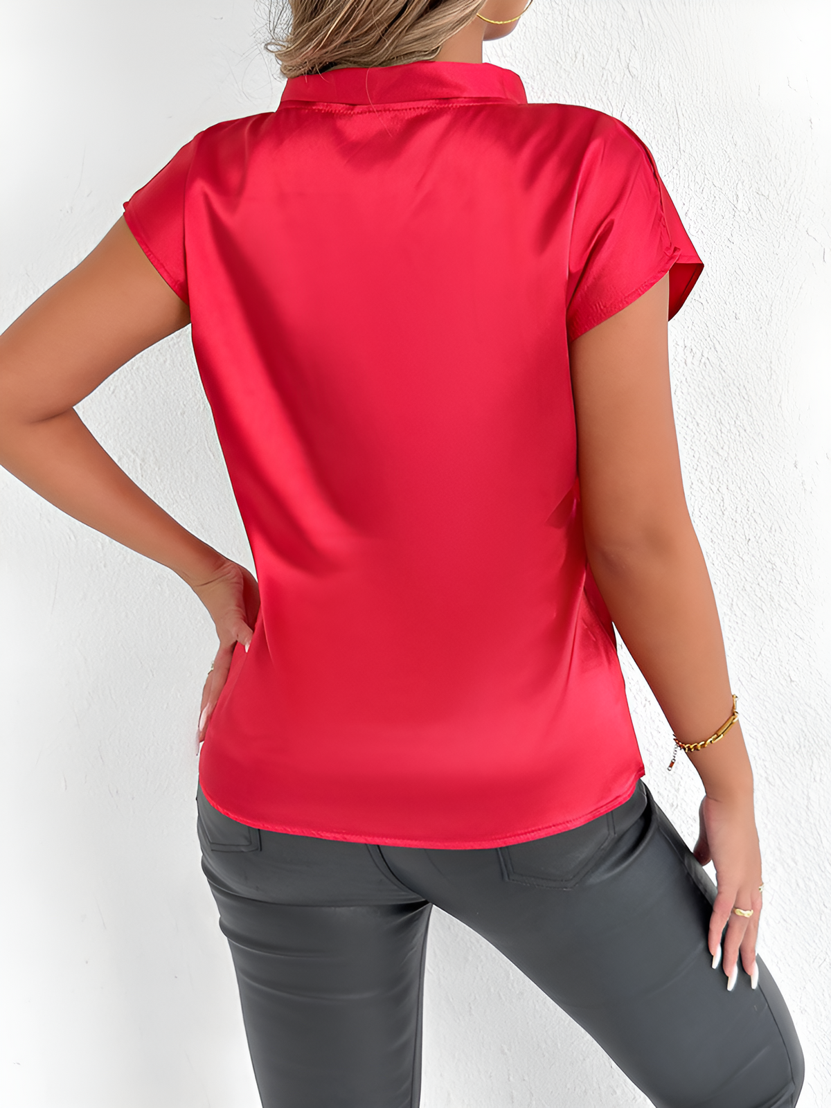 Satin Tie Neck Cap Sleeves Solid Color Blouse