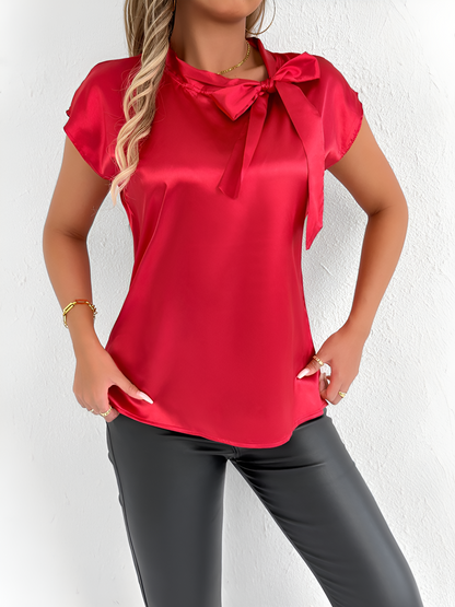 Satin Tie Neck Cap Sleeves Solid Color Blouse