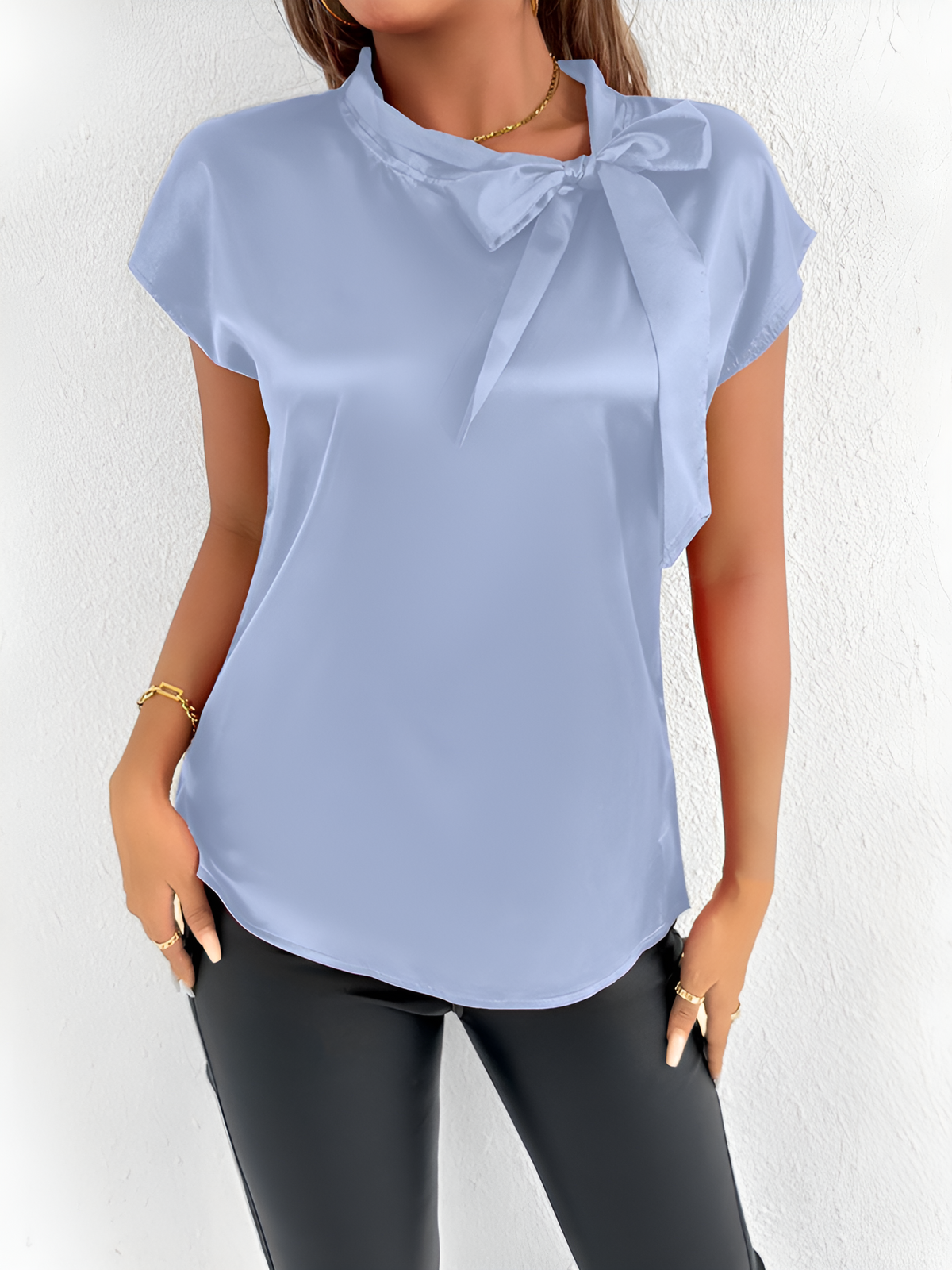 Satin Tie Neck Cap Sleeves Solid Color Blouse