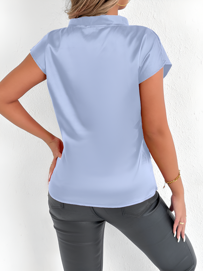Satin Tie Neck Cap Sleeves Solid Color Blouse