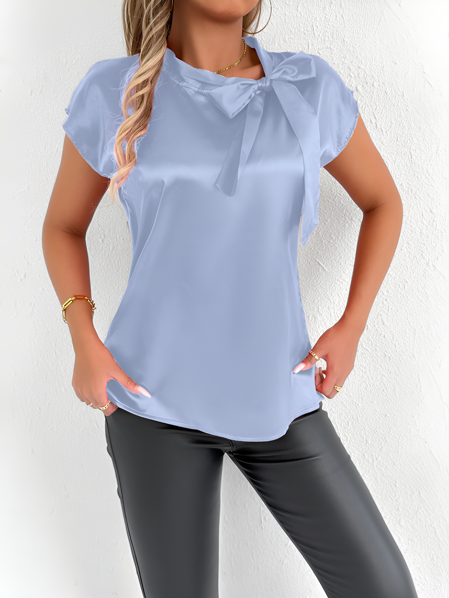 Satin Tie Neck Cap Sleeves Solid Color Blouse