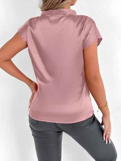 Satin Tie Neck Cap Sleeves Solid Color Blouse