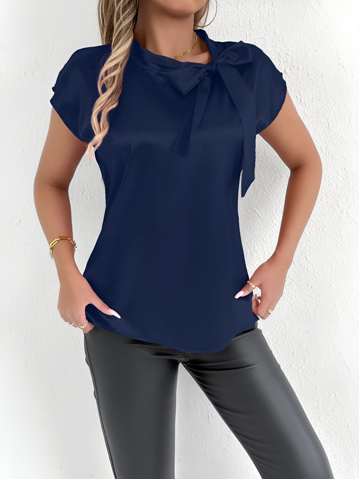 Satin Tie Neck Cap Sleeves Solid Color Blouse