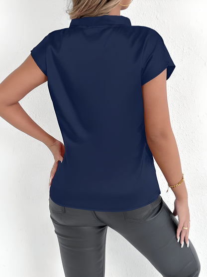 Satin Tie Neck Cap Sleeves Solid Color Blouse