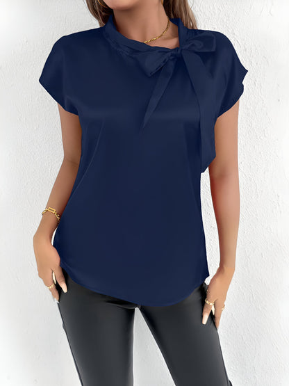 Satin Tie Neck Cap Sleeves Solid Color Blouse