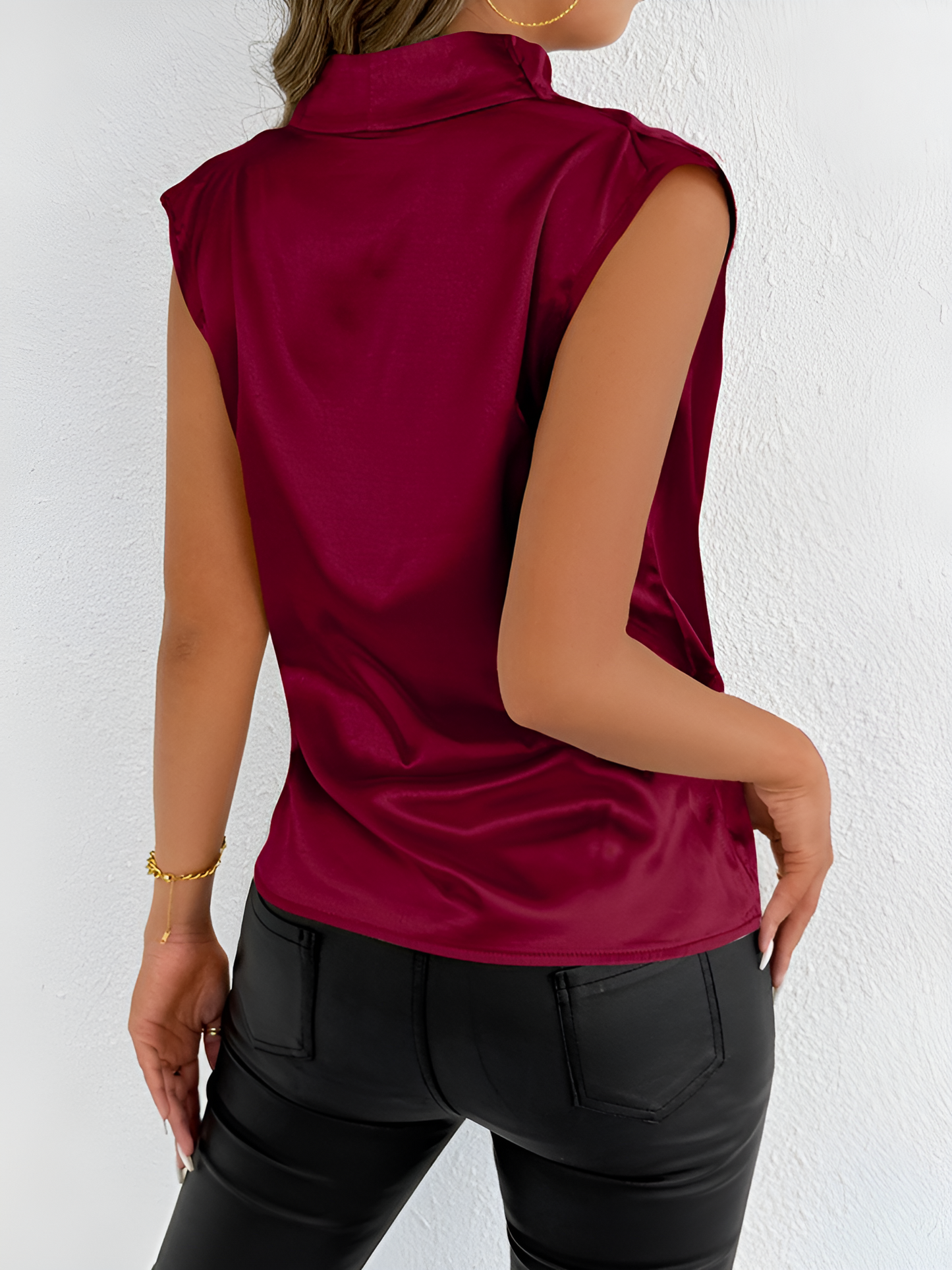Satin Sleeveless V Neck Pleated Blouse