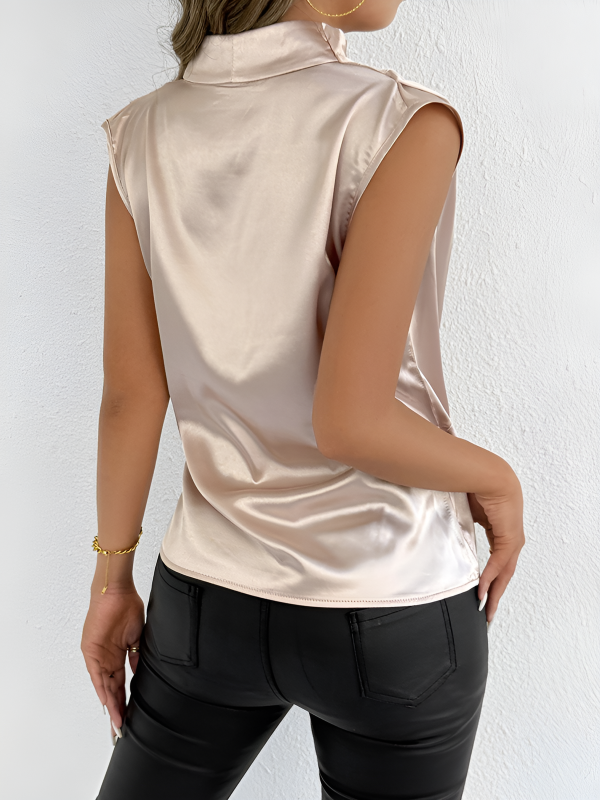 Satin Sleeveless V Neck Pleated Blouse