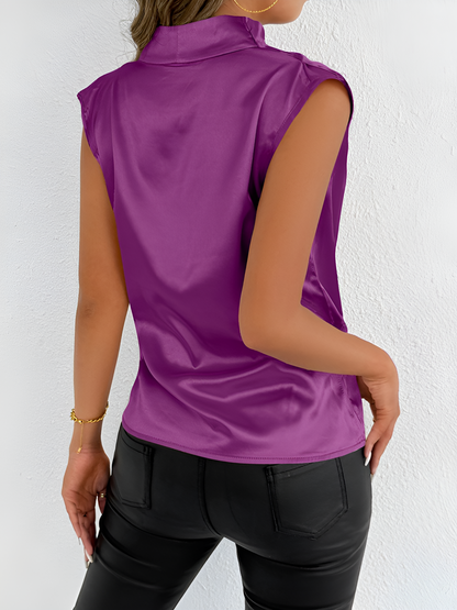 Satin Sleeveless V Neck Pleated Blouse