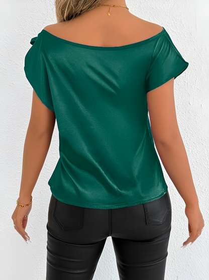 Satin Off Shoulder Bowknot Short Sleeves Blouse