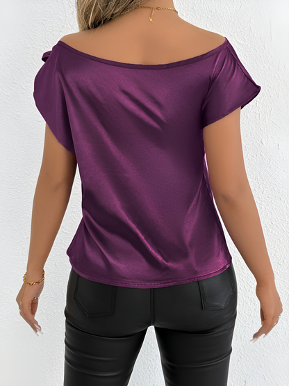 Satin Off Shoulder Bowknot Short Sleeves Blouse