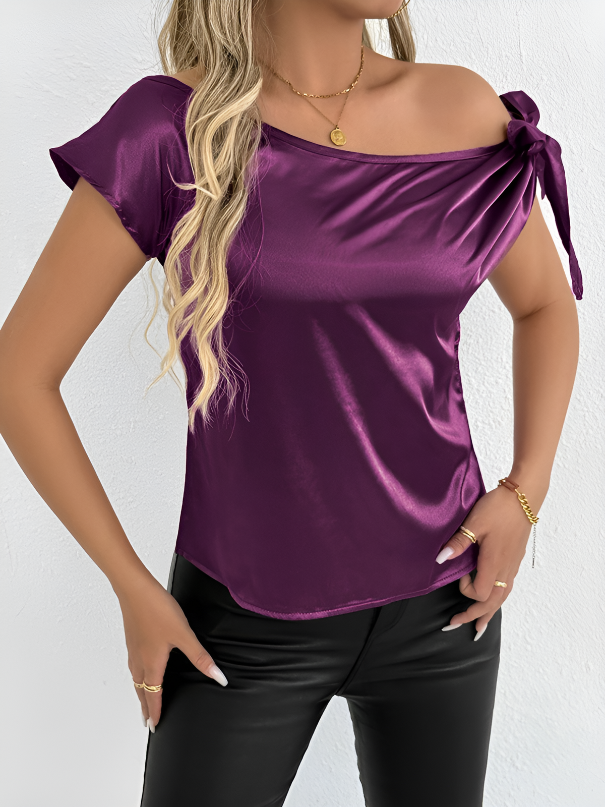 Satin Off Shoulder Bowknot Short Sleeves Blouse