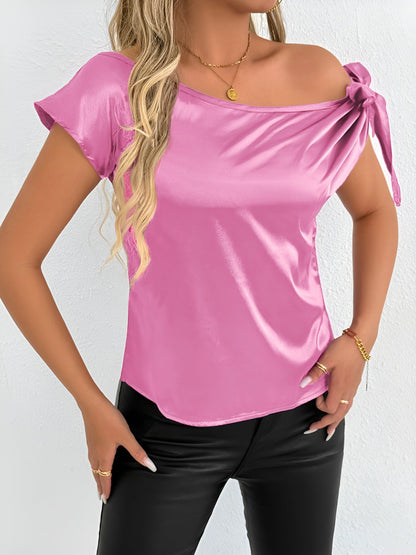 Satin Off Shoulder Bowknot Short Sleeves Blouse