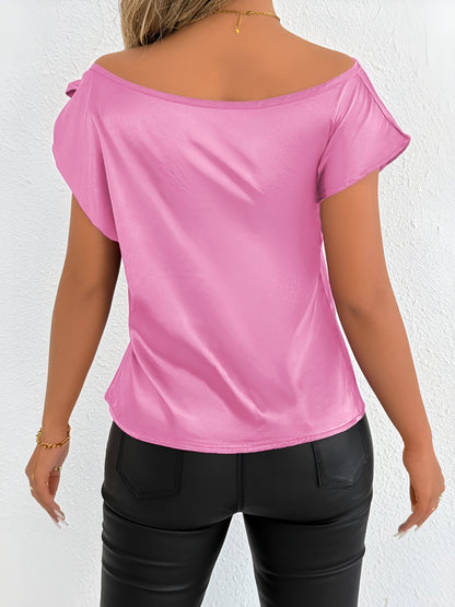 Satin Off Shoulder Bowknot Short Sleeves Blouse