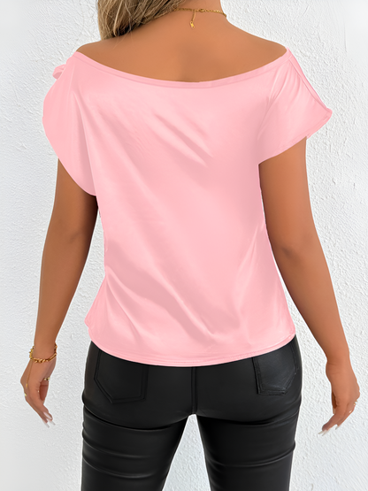 Satin Off Shoulder Bowknot Short Sleeves Blouse