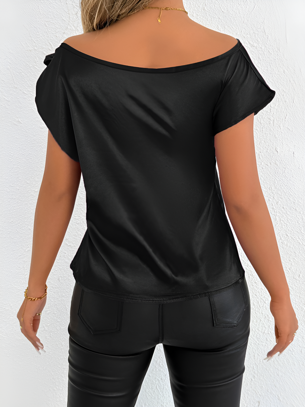 Satin Off Shoulder Bowknot Short Sleeves Blouse