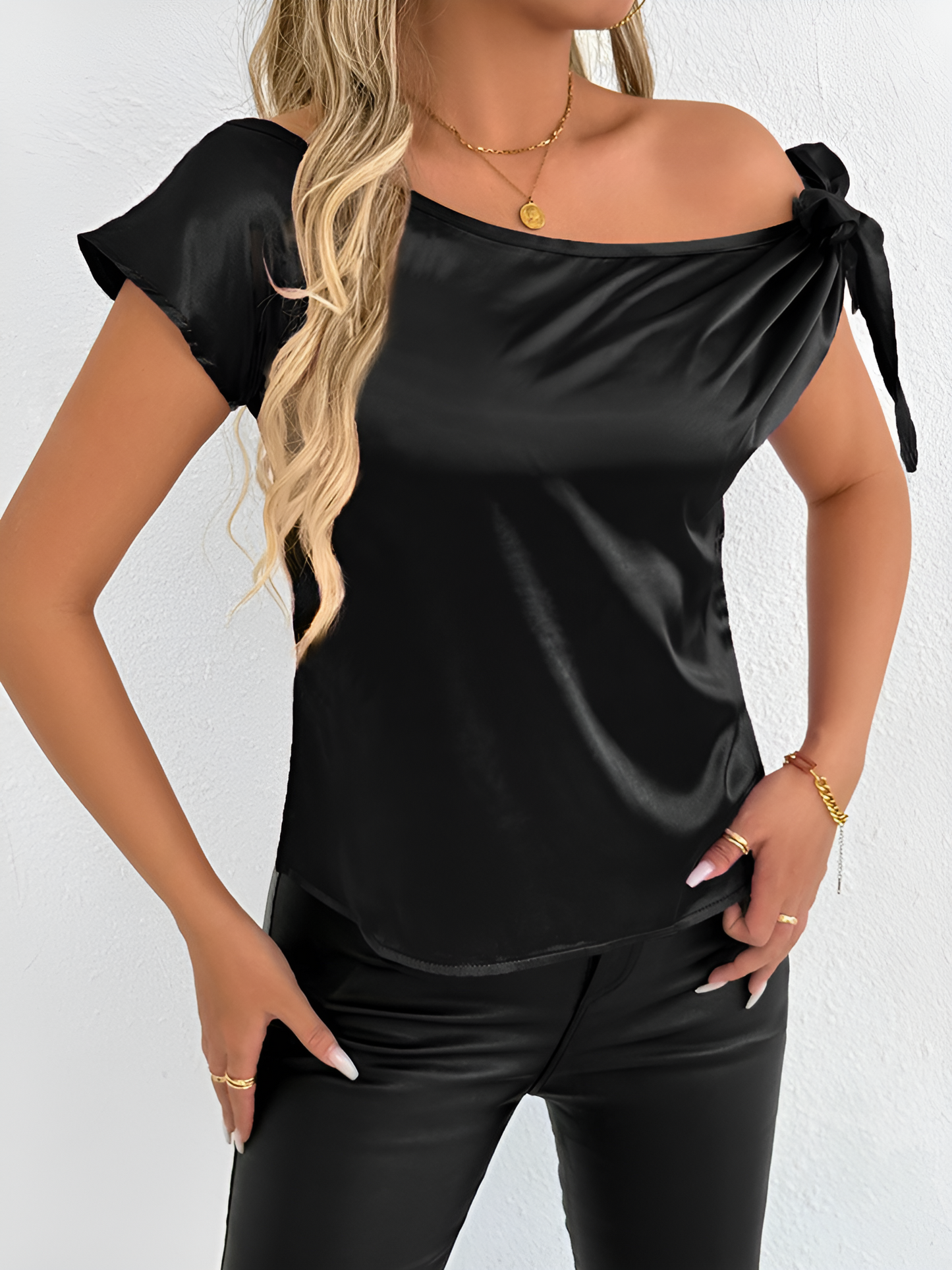 Satin Off Shoulder Bowknot Short Sleeves Blouse