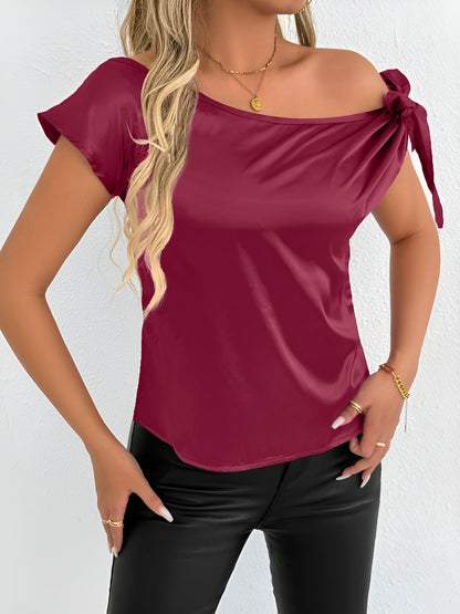 Satin Off Shoulder Bowknot Short Sleeves Blouse