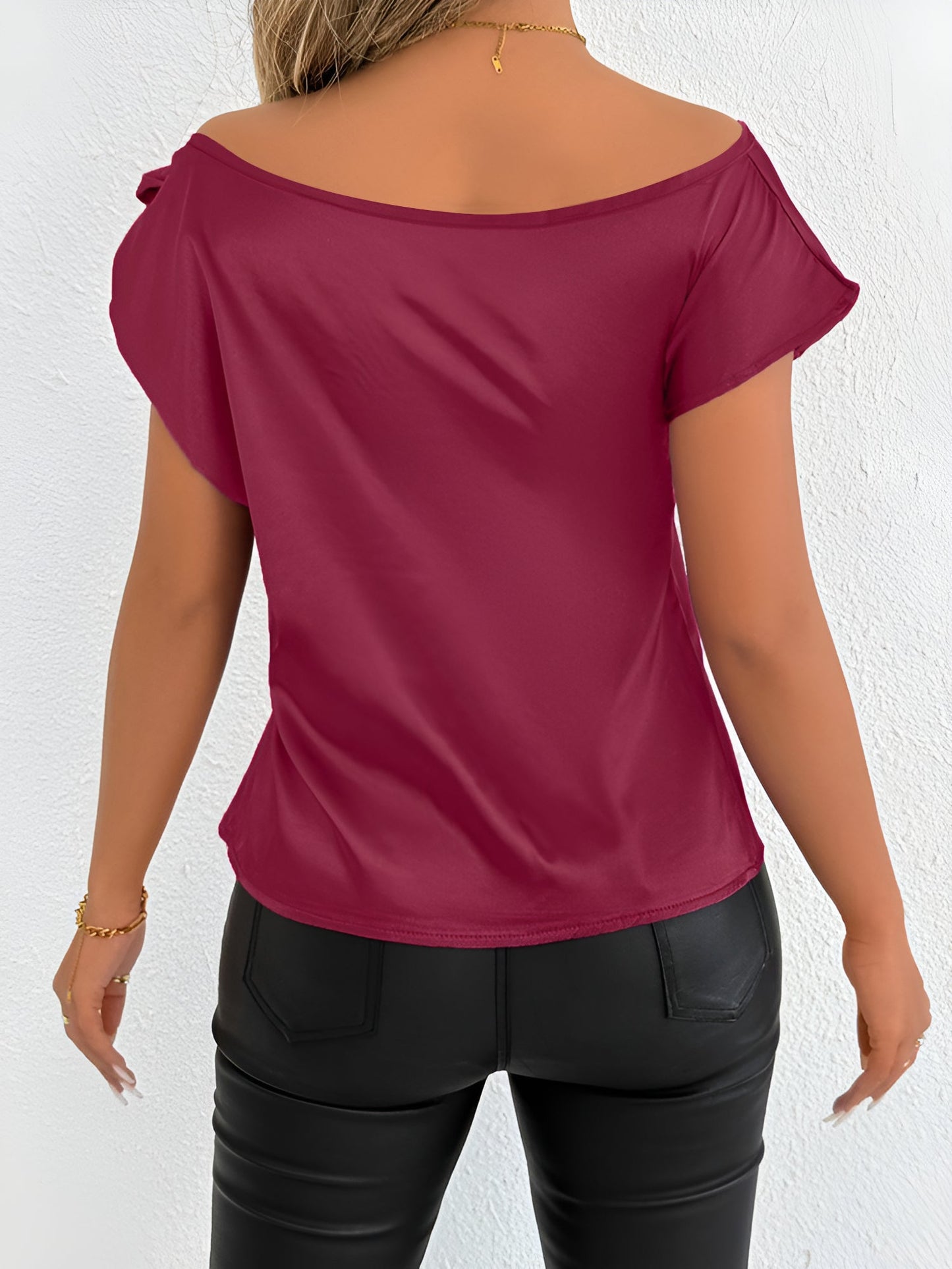 Satin Off Shoulder Bowknot Short Sleeves Blouse