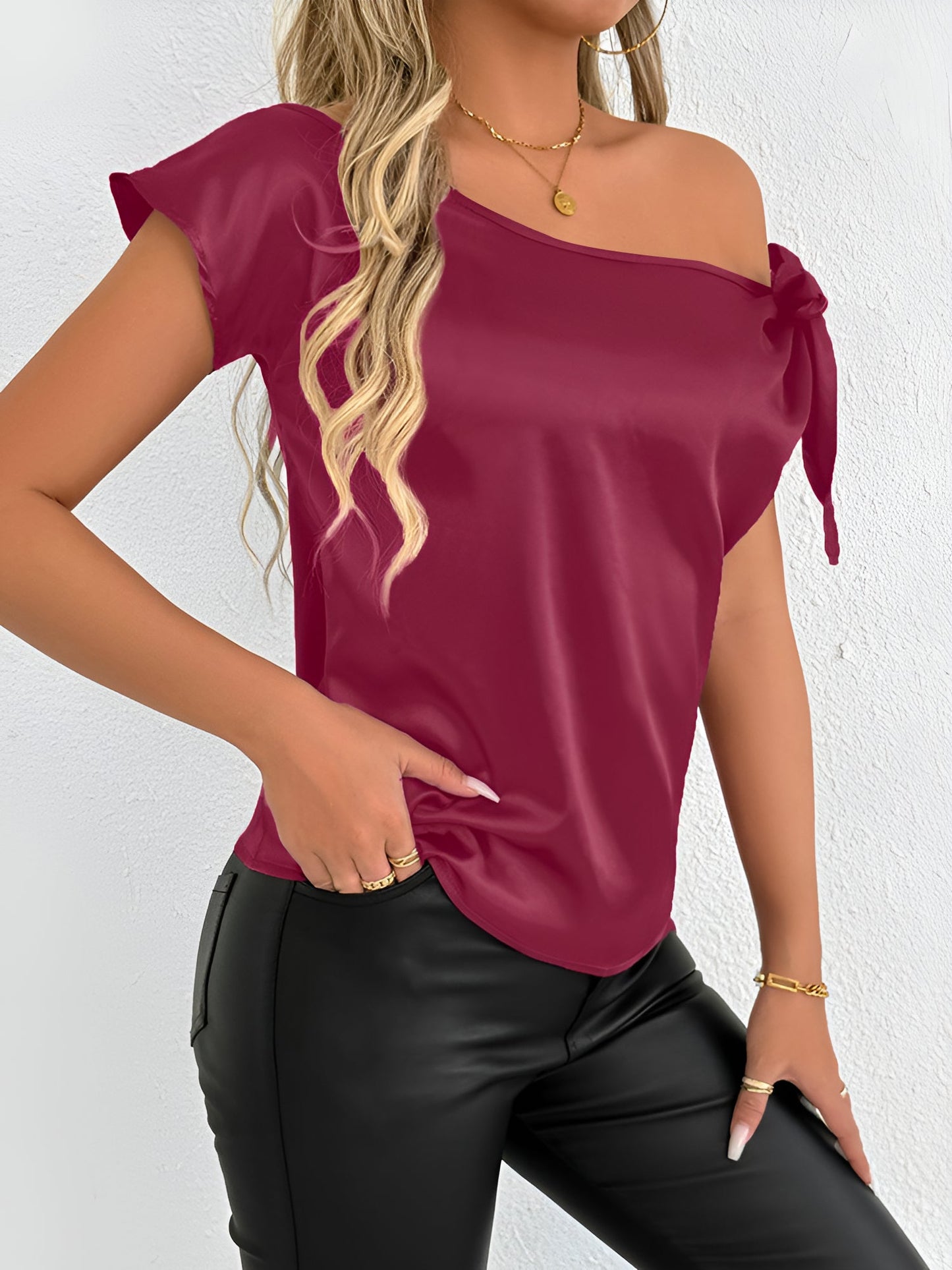 Satin Off Shoulder Bowknot Short Sleeves Blouse
