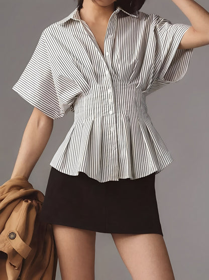 Collared Striped Pleated Bat Sleeves Peplum Blouse
