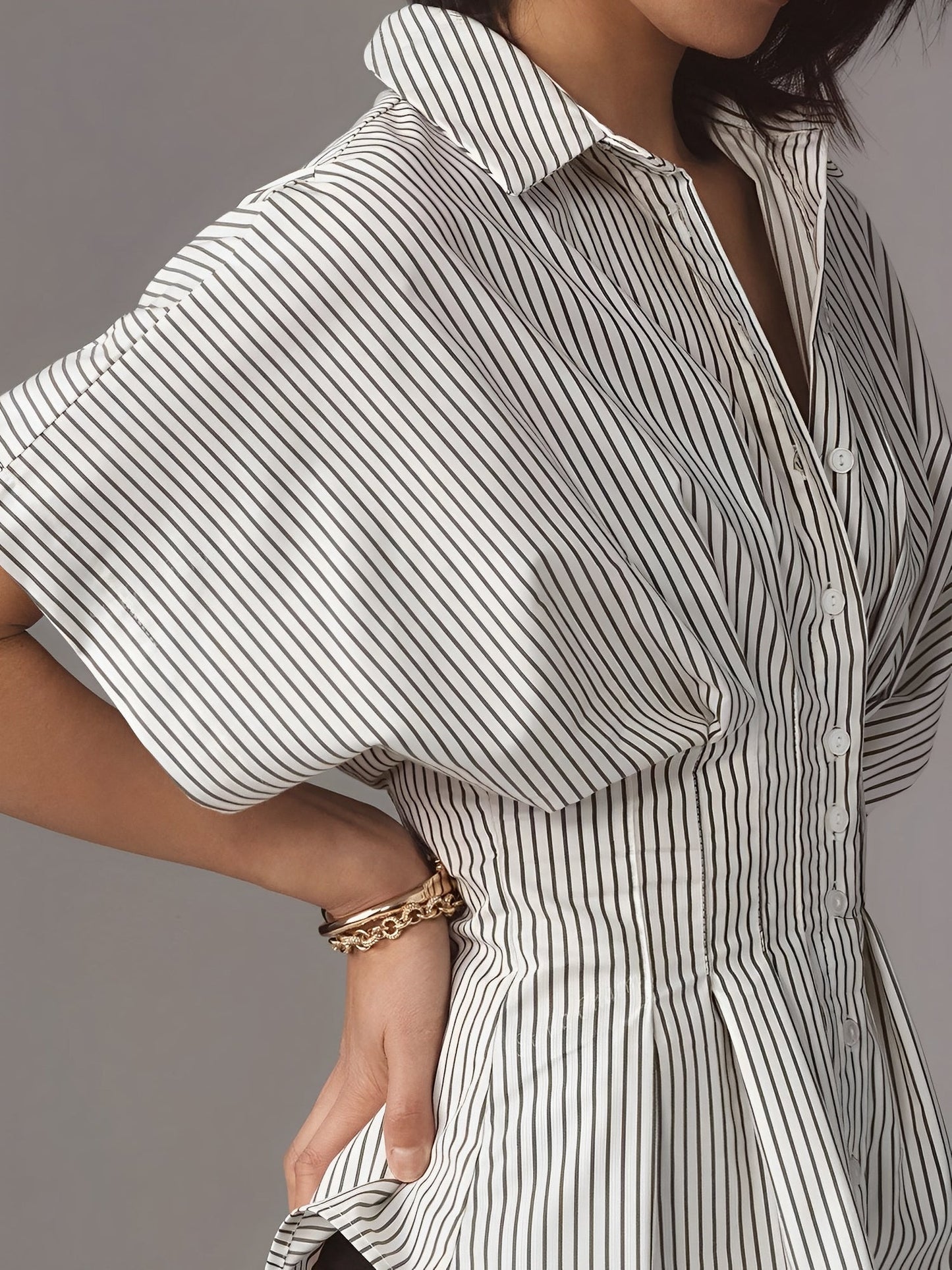 Collared Striped Pleated Bat Sleeves Peplum Blouse