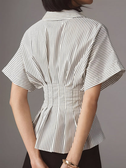 Collared Striped Pleated Bat Sleeves Peplum Blouse